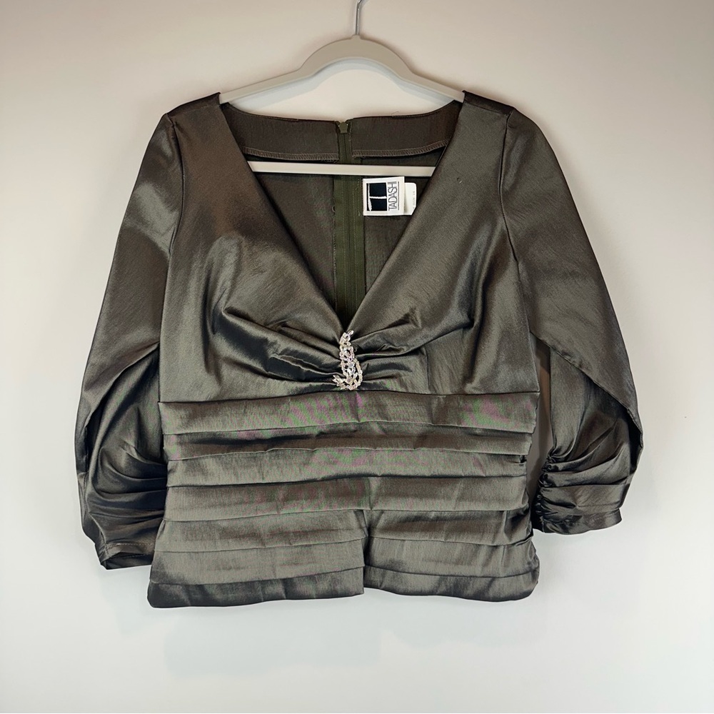 Vintage Tadashi Brown Green Taffeta Elegant Long Sleeve Jeweled Top Size 12